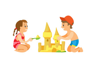Summer beach, children building sand castle vector. Girl and boy in swimwear, vacation on seaside, construction with plastic scoops, isolated characters