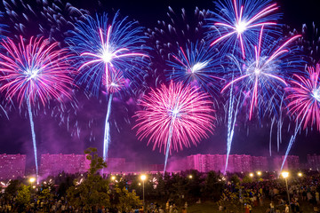 Obraz premium Red and Blue Fireworks light up the sky