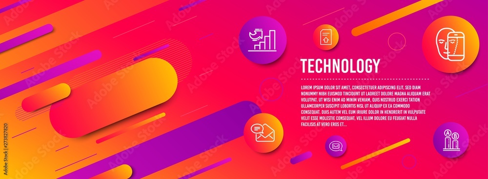 Poster header banner. new mail, messenger and growth chart icons simple set. upload file, face biometrics a