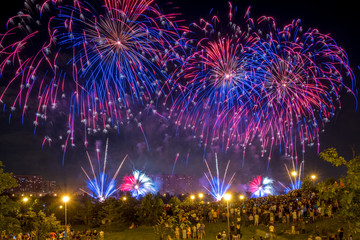 Red and Blue Fireworks light up the sky