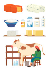 Milkmaid and dairy products set vector, isolated woman with cow, cottage cheese and milk in packages and bottles, productions for sale flat style