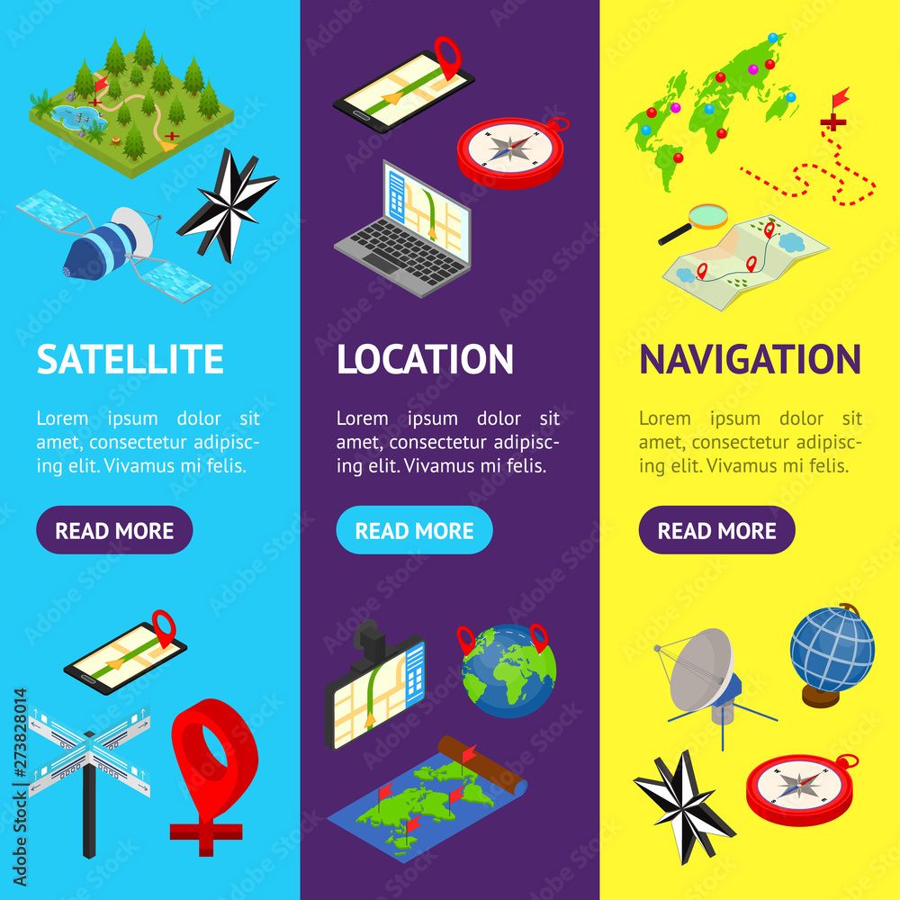 Poster navigation methods tools signs 3d banner vecrtical set isometric view. vector