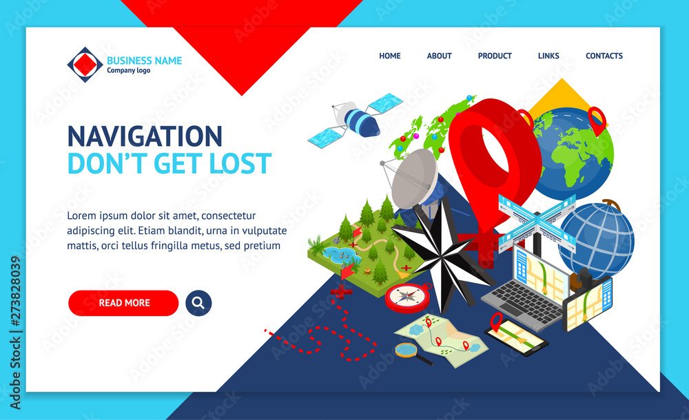 Poster navigation methods tools signs 3d landing web page template isometric view. vector
