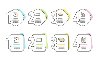 Ram, Shampoo and spray and Laptop icons simple set. Payment sign. Random-access memory, Washing liquids, Mobile computer. Cash money. Infographic timeline. Line ram icon. 4 options or steps. Vector