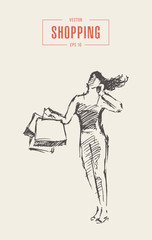 Shopping girl walking bags drawn vector sketch