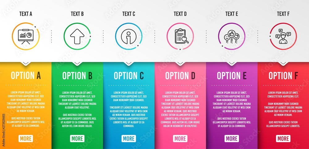 Poster info, search analysis and like icons simple set. presentation, upload and conversation messages sign