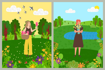 Flowers blooming in park vector, people walking on nature, forest with foliage and greenery, lady sniffing tulips and standing by blue lake with bouquet