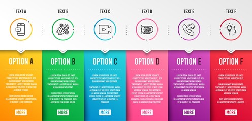 Video camera, Gpu and Smartphone message icons simple set. Cogwheel, Share call and Idea signs. Movie or cinema, Graphic card. Technology set. Infographic template. 6 steps timeline. Business options