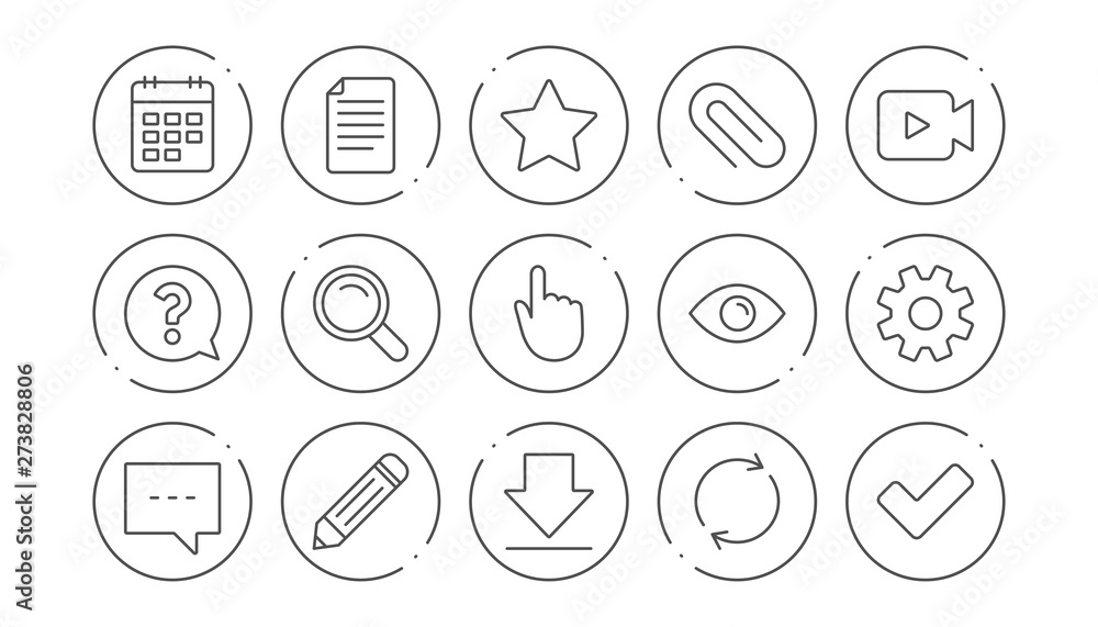 Poster document, calendar and question mark line icons. search, video camera and check mark. linear icon se