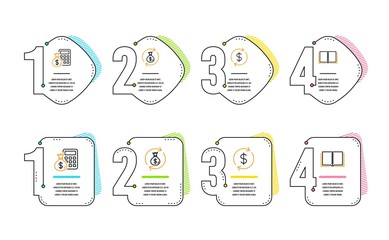 Finance calculator, Usd exchange and Money exchange icons simple set. Book sign. Calculate money, Currency rate, Cash in bag. E-learning course. Business set. Infographic timeline. Vector
