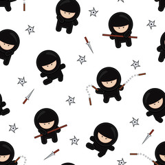 Ninja characters seamless pattern on white background, Cartoon warriors vector illustration, Japan fighters © JANNTA