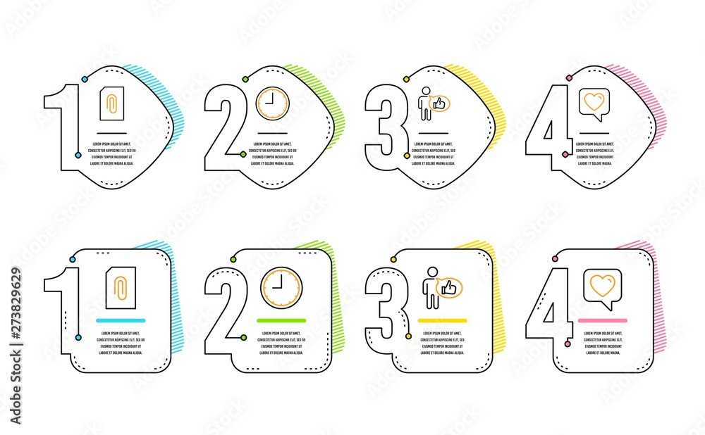 Poster attachment, time and like icons simple set. heart sign. attach document, office clock, thumbs up. li