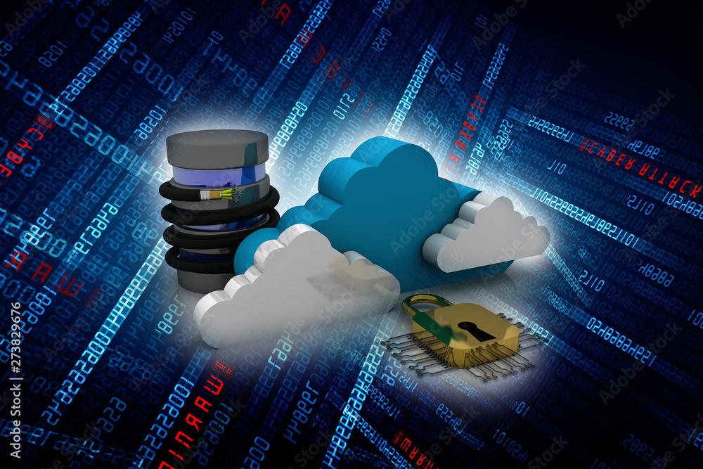 Poster 3d rendering aux cable connected database with cloud lock