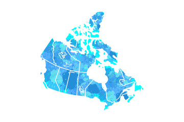 Canada watercolor map vector illustration in blue color on white background using paint brush on paper page