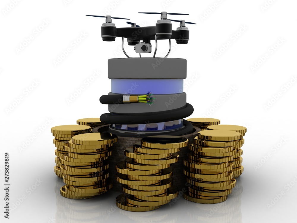 Poster 3d rendering drone or helicam with database