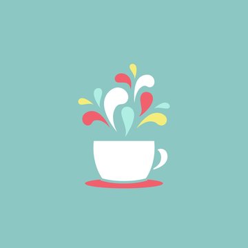 cup with colorful drops flying out. silhouette icon. Mug with tea or coffee isolated on powder blue background.