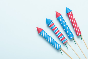 4th of July fireworks USA flag style rockets. Firecracker rockets United States Independence Day...