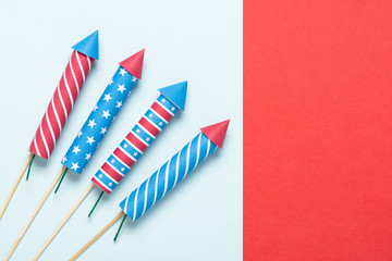 4th of July fireworks USA flag style rockets. Firecracker rockets United States Independence Day...