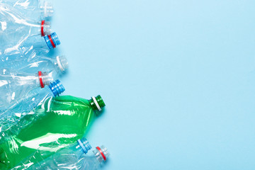 Plastic bottles single use recycling concept with copy-space.