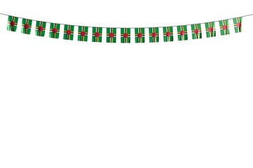 pretty holiday flag 3d illustration. - many Dominica flags or banners hangs on string isolated on white
