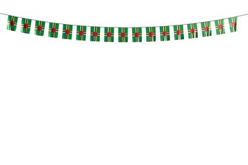 pretty holiday flag 3d illustration. - many Dominica flags or banners hangs on string isolated on white