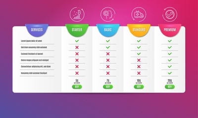 Writer, Bitcoin graph and Ambulance car icons simple set. Comparison table. Audit sign. Copyrighter, Cryptocurrency analytics, Emergency transport. Arrow graph. Science set. Pricing plan. Vector