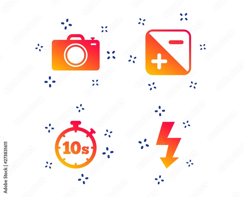 Poster photo camera icon. flash light and exposure symbols. stopwatch timer 10 seconds sign. random dynamic