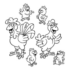 cute rooster and hen with small chickens, poultry from farm, black and white line drawing