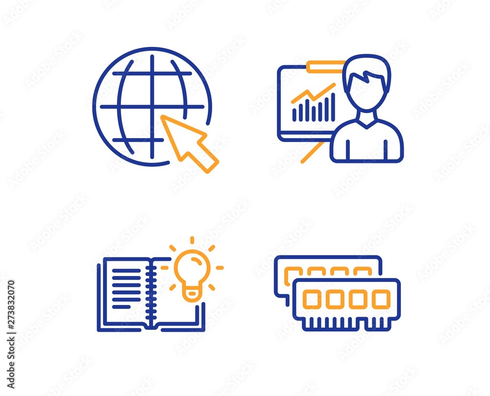Aufkleber presentation, internet and product knowledge icons simple set. ram sign. education board, world web,