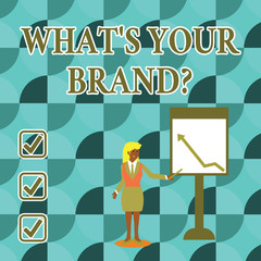 Handwriting text writing What S Your Brand Question. Conceptual photo asking about product logo does or what you communicate Businesswoman Holding Stick Pointing to Chart of Arrow Upward on Whiteboard