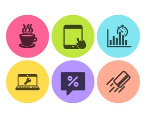 Discount message, Report timer and Tablet pc icons simple set. Laptop repair, Tea cup and Credit card signs. Special offer, Growth chart. Flat discount message icon. Circle button. Vector