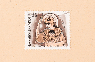 GREECE - CIRCA 1986: A stamp printed in Greece shows an image of a warrior, circa 1986