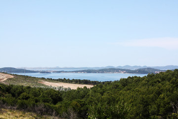 Obraz premium Dalmatian landscape with mountains and Adriatic Sea in wild bushes mastic tree.