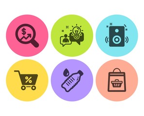 Speakers, Idea and Water bottle icons simple set. Currency audit, Special offer and Online buying signs. Sound, Solution. Flat speakers icon. Circle button. Vector