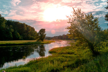 The river at sunset on a summer 