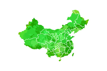 China watercolor map vector illustration in green color with different regions or provinces on white background using paint brush on paper