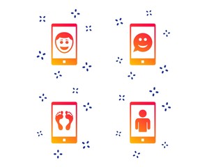 Selfie smile face icon. Smartphone video call symbol. Self feet or legs photo. Random dynamic shapes. Gradient selfie icon. Vector