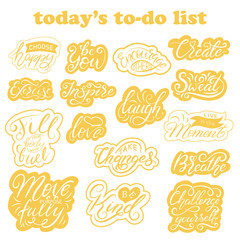 Set of stickers with lettering illustrations inside. Todo list, printed things.