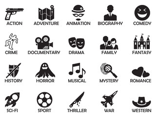 Film Genres Icons. Black Flat Design. Vector Illustration.