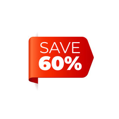 Red Vector Banner Ribbon on white background, left bookmark, save 60 percent