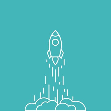 Rocket line ship with fire and clouds. Isolated on blue background. Flat linear vector illustration with flying shuttle.