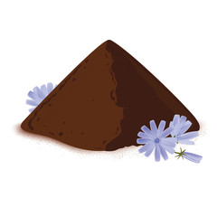 Instant chicory root roasted powder, and fresh chicory flowers. Natural source of inulin, healthy background