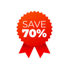 Red award medals symbol on white background, save 70 percent