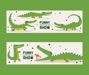 Obraz premium Funny crocodiles show set of banners vector illustration. Bird standing in mouth of alligator. Animal in different poses and activities, sitting, running and lying, showing tricks.