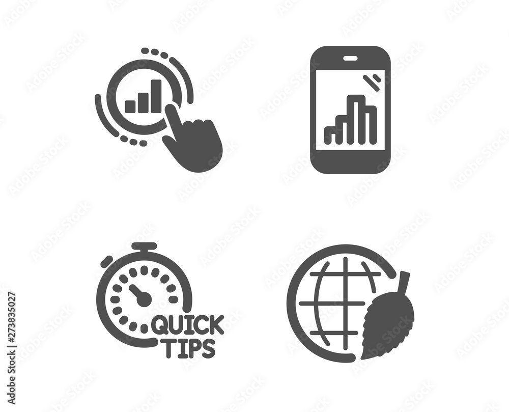 Poster set of graph phone, graph chart and quick tips icons. environment day sign. mobile statistics, get r