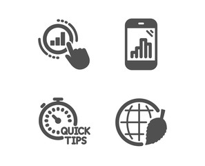 Set of Graph phone, Graph chart and Quick tips icons. Environment day sign. Mobile statistics, Get report, Helpful tricks. Safe world.  Classic design graph phone icon. Flat design. Vector