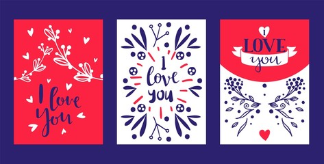 Obraz na płótnie Canvas Hand drawn calligraphy text Love You for Valentines day, wedding, dating and other and other romantic events set of cards, banners, posters vector illustration. Lettering decorated with branch.