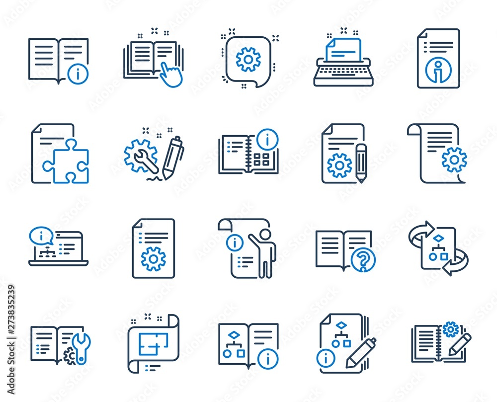 Poster technical document line icons. set of instruction, plan and manual icons. help document, building pl