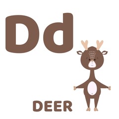 Illustration of  deer. Baby alphabet with cute animals: 26 cards.   For children’s books and development children's cards and posters 