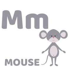mouse and letter. Illustration of mouse. Baby alphabet with cute animals: 26 cards.   For children’s books and development children's cards and posters 